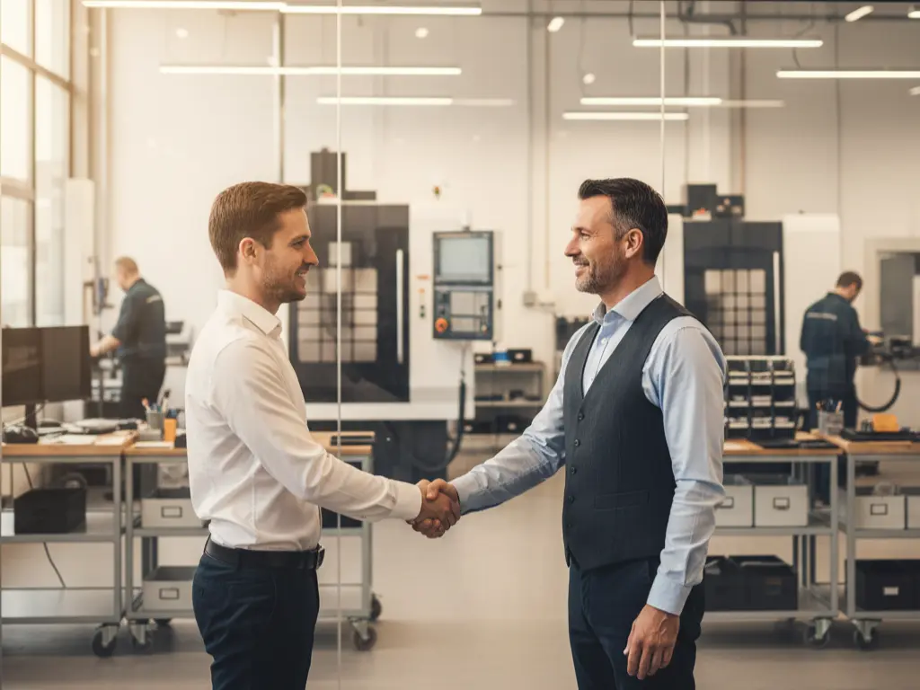 consultant and owner shaking hands in shop