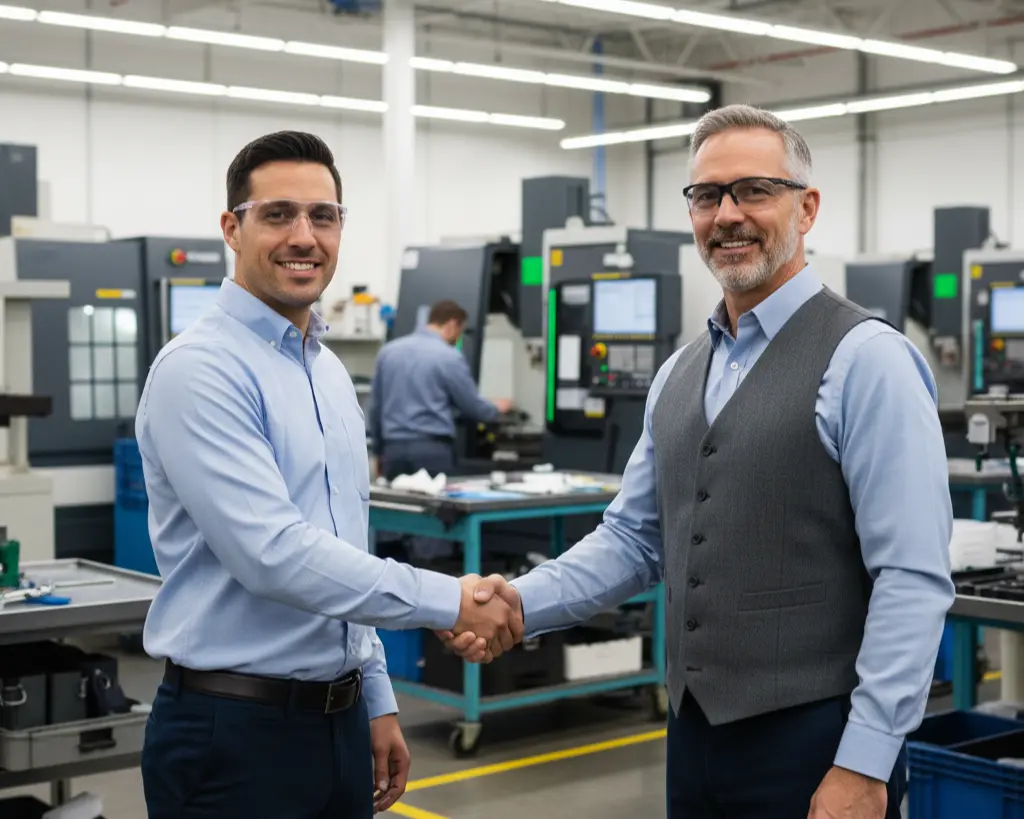 Manufacturer and AI consultant agreement handshake